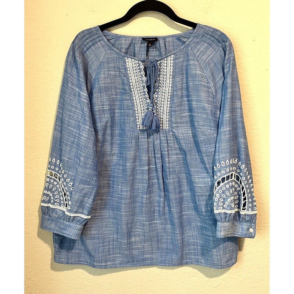 Talbots Blouse Tunic Top Size Medium Blue White Embroidered Tassel Boho Classic